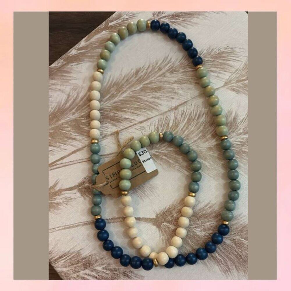 NWT Coastal Wood Bead Necklace Blue Green Cream 40"